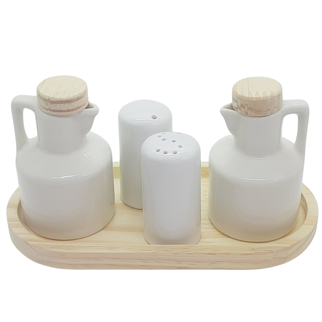 Kit Galheteiro 5 peças Azeite, Vinagre, Sal e Paliteiro - Porcelana e Pinus - Bandeja Oval