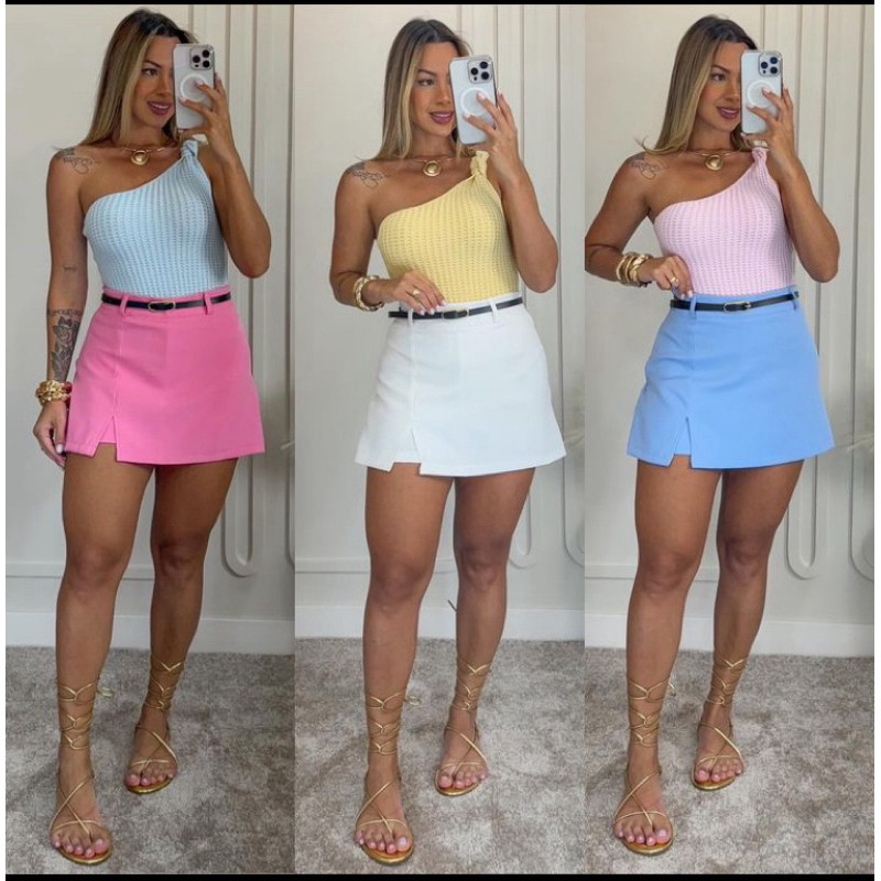 Short Saia Alfaiataria Fenda na Lateral com Cinto Tendência Candy Colors em Oferta na Shopee