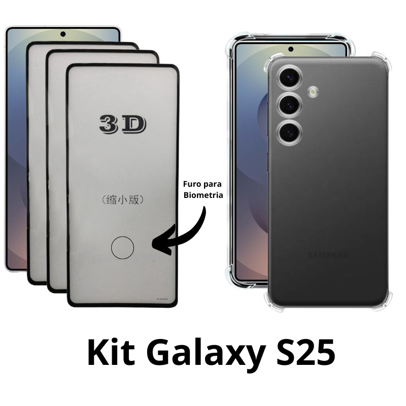 Kit para Galaxy S25 | 3UN Película Frontal de Vidro 3D + Capa Anti Impactos Transparente para Samsung Galaxy S25