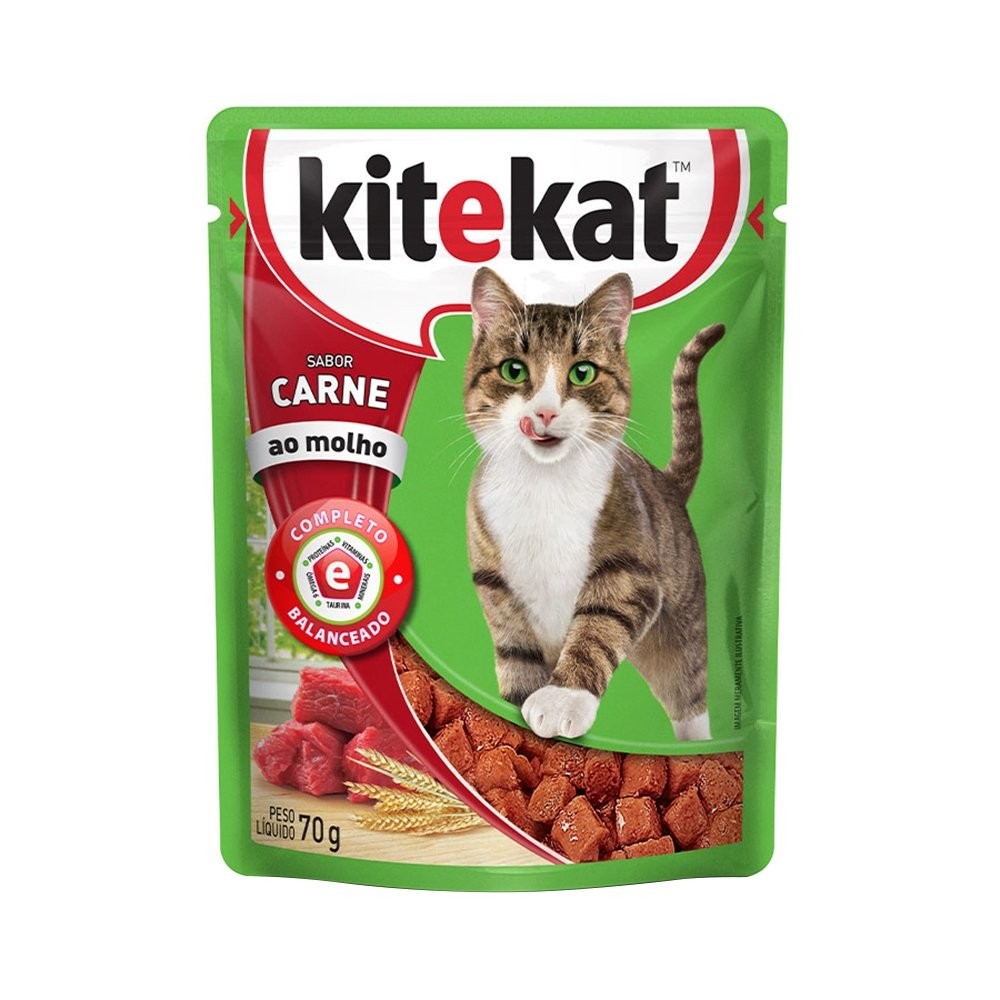 Ração Kitekat Carne Adulto 70g - Embalagem com 24 Unidades - Pets