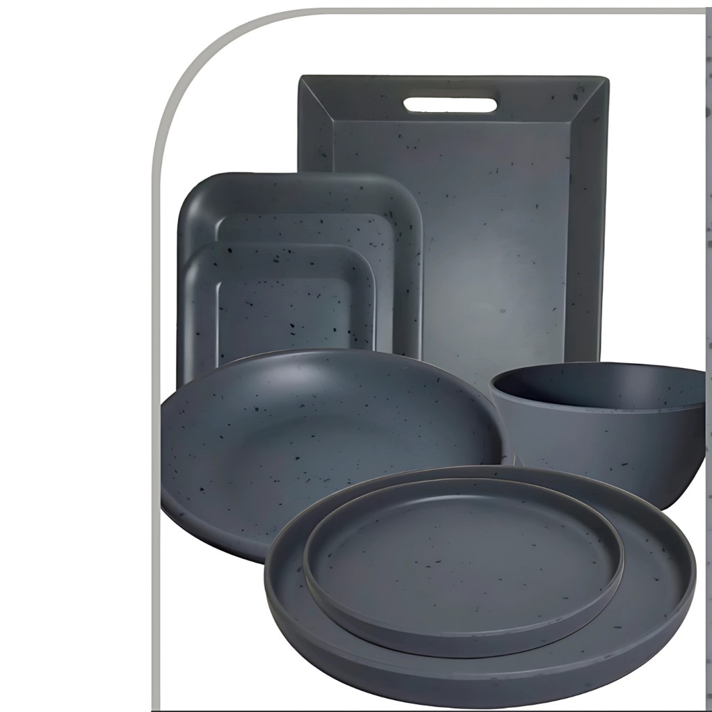 Conjunto Melamina Cinza Bandeja Espelhada Prato Raso Fundo Bowl Travessa Jogo Completo