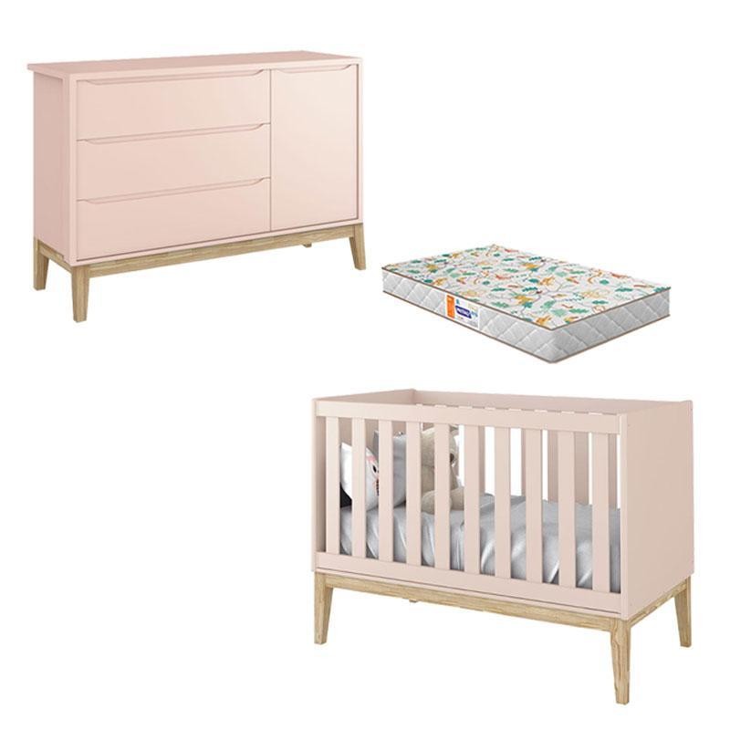 Berço Americano e Cômoda New Classic Rosa com Pés Madeira Natural e Colchão Gazin – Reller