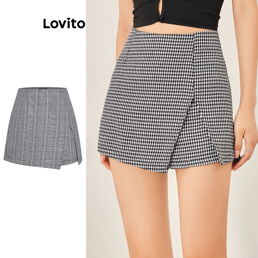 Lovito Shorts Feminino Xadrez Pantacourt de Cintura Alta com Fenda e Zíper Frontal L53AD076 (Pied-de-Poule/Xadrez) em Oferta na Shopee