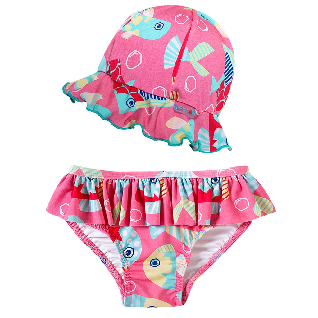 Biquíni Bebê com Chapéu Tip Top Proteção UV 50+ Peixes Rosa Menina Feminino Praia e Piscina