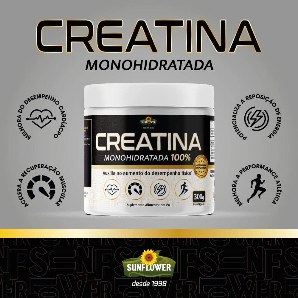 Creatina Monohidratada 100% Pura, 300 gramas Sunflower