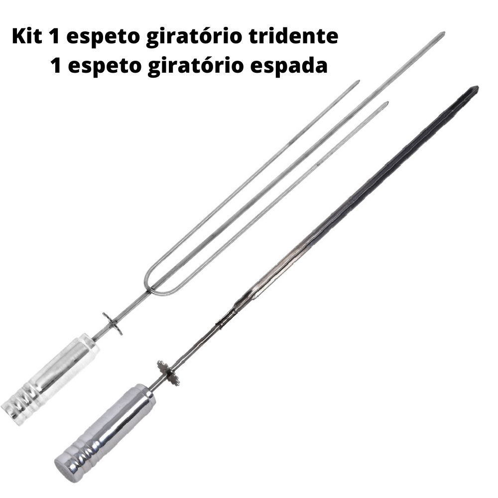Espeto Espada Giratório 67,5cm + Espeto Tridente Giratório Inox Qualidade Premium