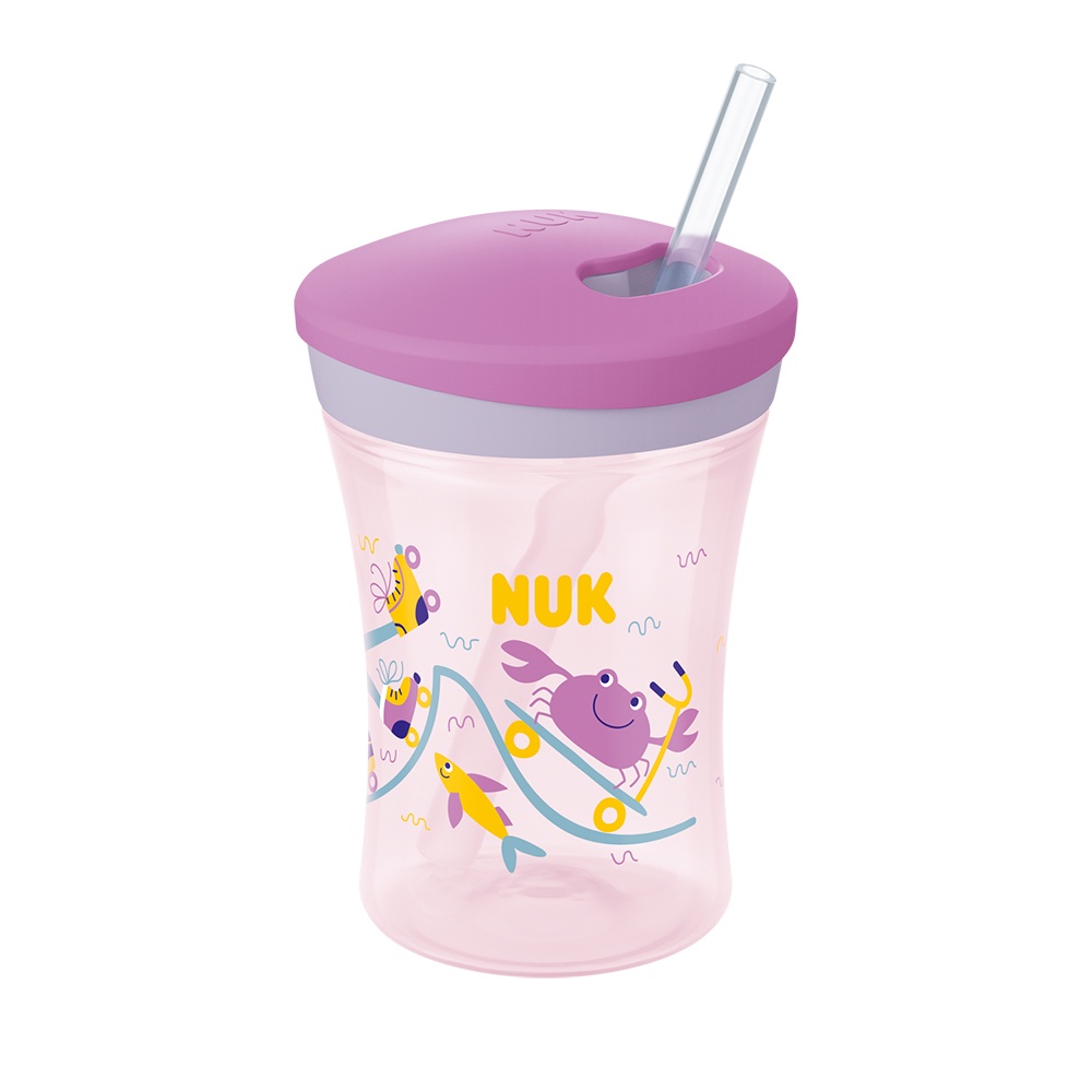 COPO 230ML ACTION NUK ROSA EVOLUTION COM CANUDO DE SILICONE TAMPA ANTIVAZAMENTO