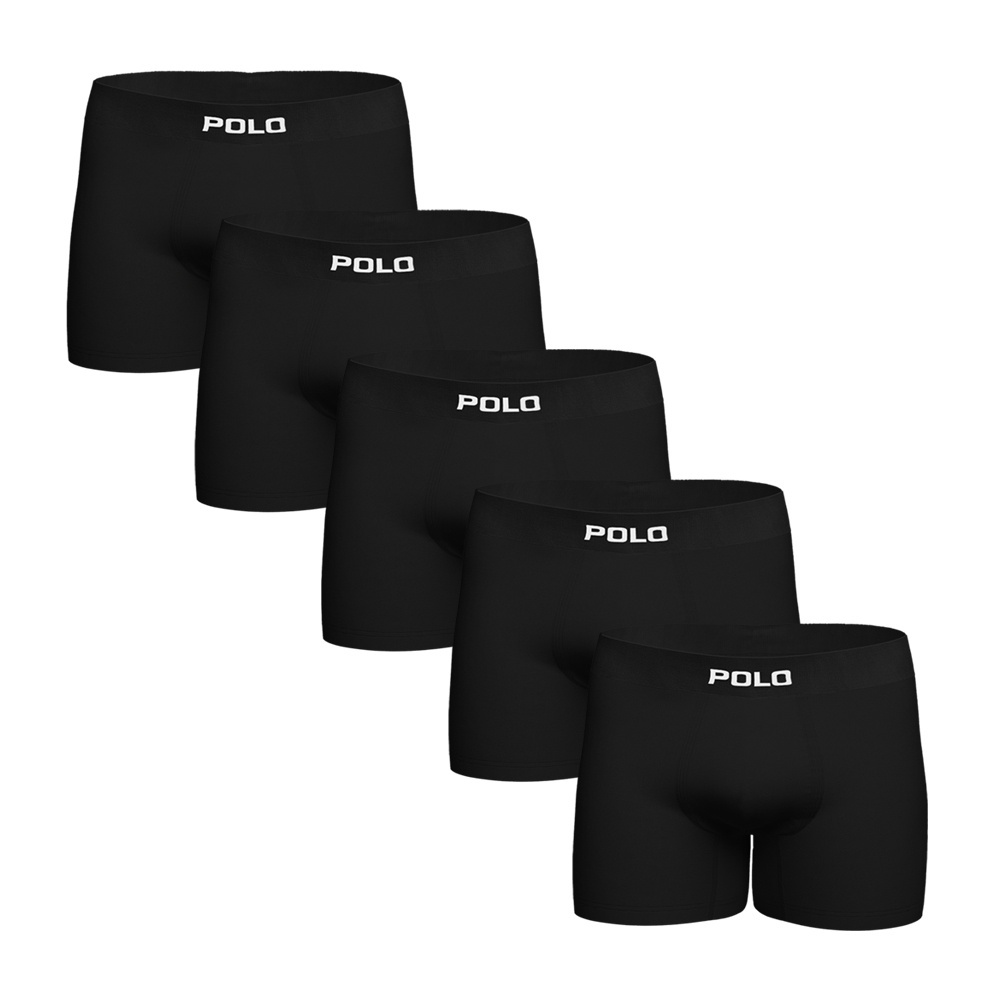 Kit Com 5 Cuecas Boxer Polo 781 Algodão Sem Costura Preto