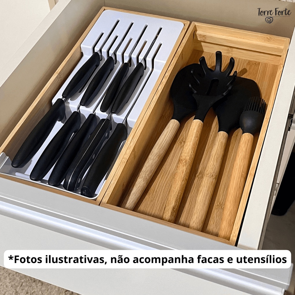 Kit Organizador De Gaveta Porta Facas  Porta Utensílios De Bambu