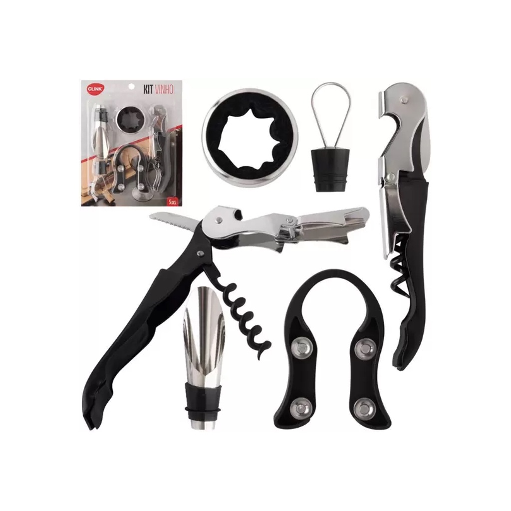 Kit de Vinho com 4 peças, com saca-rolhas, abridor de lacre, anel corta gotas, bico dosador e tampa rolha