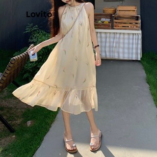 Lovito Casual Vestido com Babados e Detalhes de Renda Floral Ditsy para Mulheres LNA20173 (Damasco)