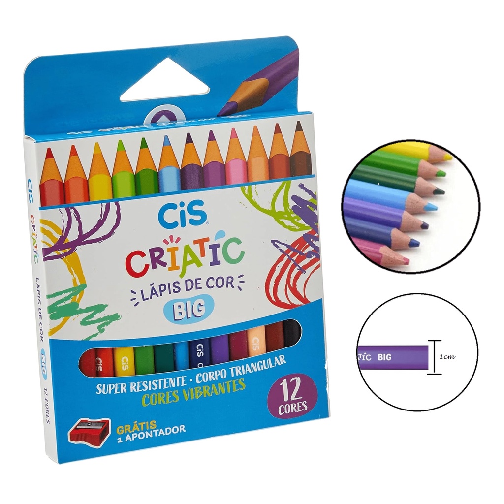 Lápis de Cor Jumbo 12 Cores c/ Apontador Cis Criatic Escolar em Oferta na Shopee