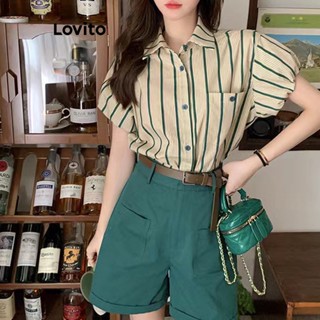 Lovito Casual Blusa Feminina Listrada com Bolso e Botão Frontal LNE29004 (Damasco)