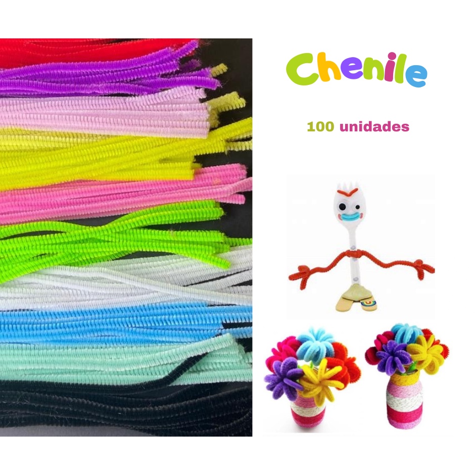 100 Haste de Chenille Fios Artesanato 30cm