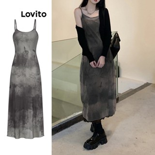 Lovito Vestido com Dupla Camada Tie Dye e Detalhes em Mesh em Contraste para Mulheres L55AD059 (Marrom Moca)