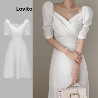 Lovito Elegante Liso Vestido Feminino com Cordão e Manga Bufante L65ED166 (Branco)