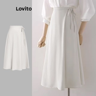 Lovito Casual Saia Feminina Lisa Amarrada de Camada Dupla L68ED095 (Branco)
