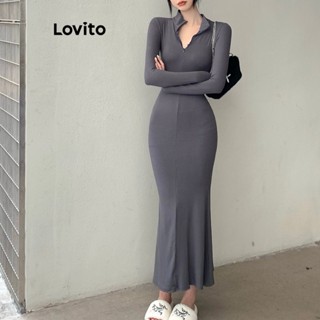 Lovito Vestido Feminino Casual Com Zíper Liso E Bainha Com Babados LNA30302 (Cinzento Preto)