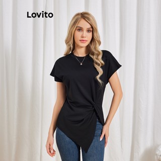 Lovito Camiseta Assimétrica com Fenda Frontal para Mulheres LBL06021 (Preto)