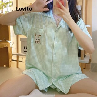 Lovito Conjuntos De Pijama Feminino Casual Com Bolso Guingão Padrão LNE40239