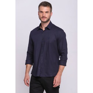 Camisa Masculina Viscolinho Básica Manga Longa Polo Wear Azul Escuro