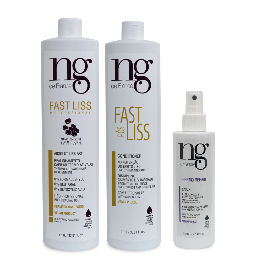 Kit Ng De France Fast Liss Realinhamento Vegano + Spray Thermo Protetor Térmico + Condicionador Pós Fast Liss 1L