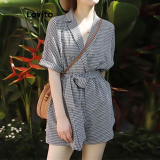 Lovito Macacão Casual Com Cinto Houndstooth Para Mulheres LNE37398 (Preto E Branco)