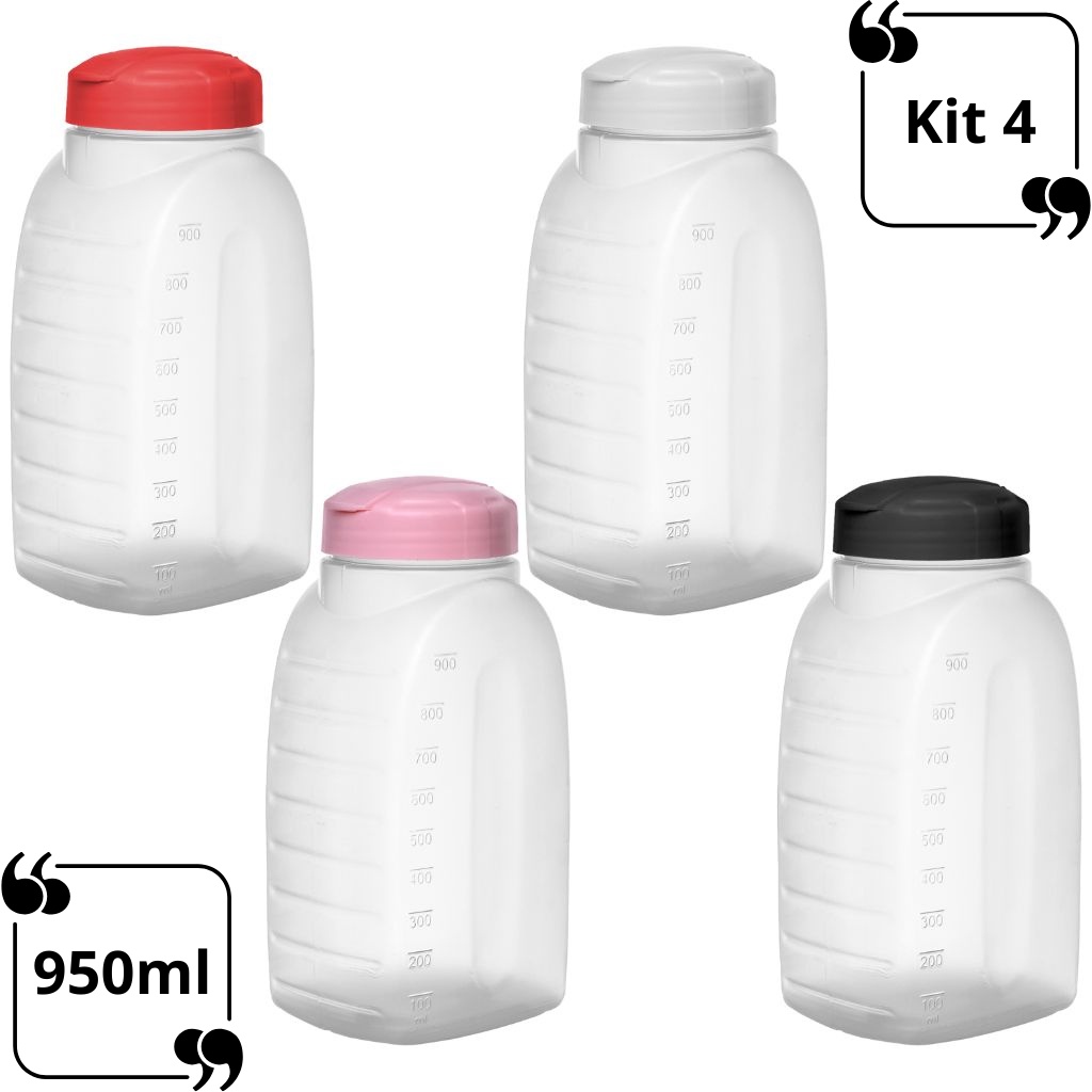 Kit 4 Garrafa de Agua Para Geladeira 0,95 Litros Graduada 950ml Portátil Transparente New Plastic em Oferta na Shopee