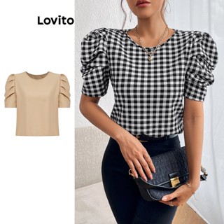 Lovito Elegante Blusa Feminina Xadrez Plissada L74ED110