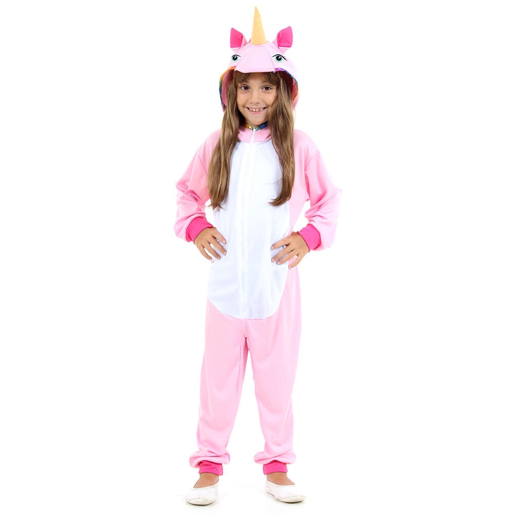 Fantasia Unicórnio Rosa Macacão Kigurumi Infantil Com Capuz E Chifre