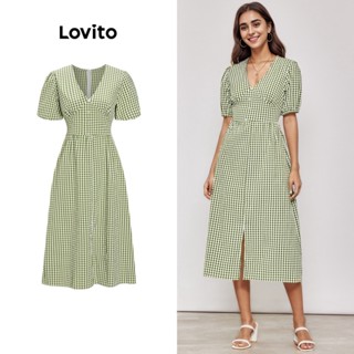Lovito Casual Vestido Feminino Xadrez com Botão e Fenda Traseira L65ED119 (Verde Claro)