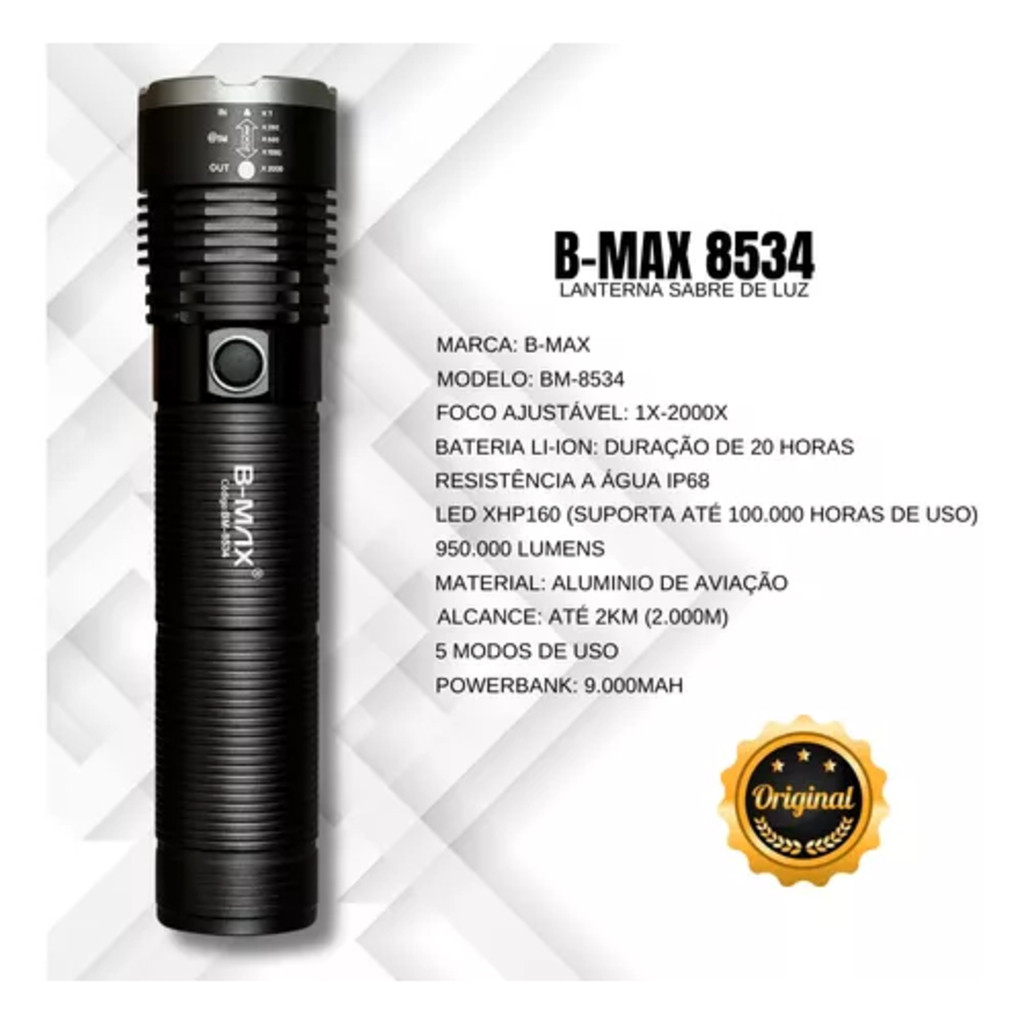 Lanterna Led Tática Mais Forte Do Mundo 2km Militar Potente BM-8534/BM-8516