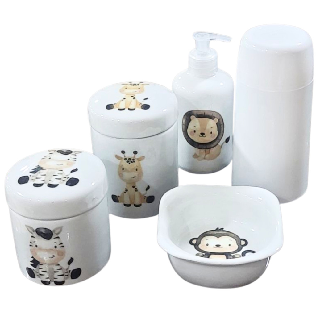 Kit higiene bebê Safari 5 peças - potes, porta álcool, garrafa térmica e molhadeira - Peças Porcelana