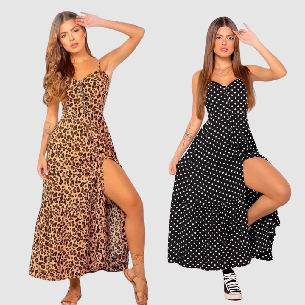 Kit 2 Vestido Feminino Midi Rodado Viscose Regata Poa Verão