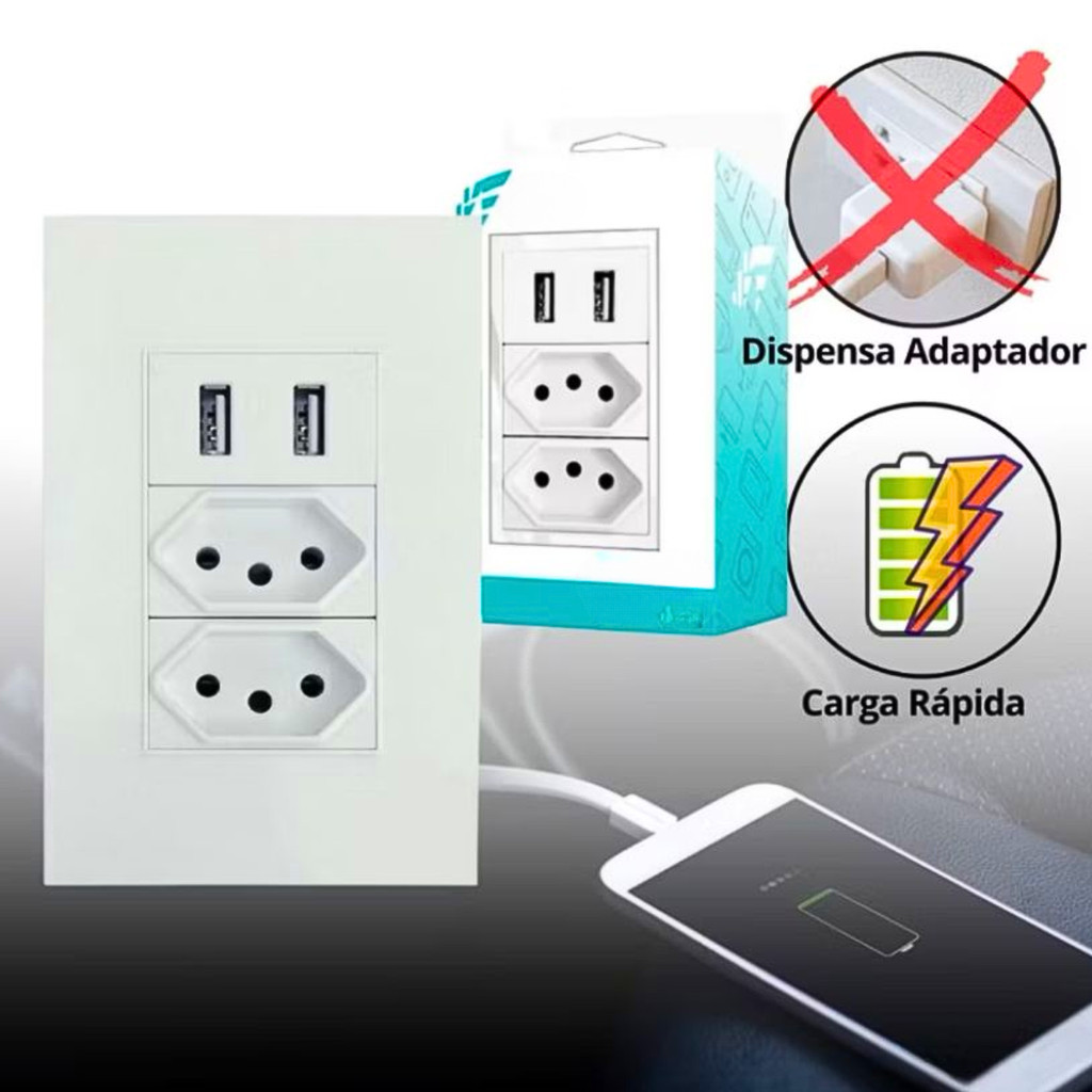 Tomada De Parede Dupla Entrada USB Bivolt 4 Em 1 Branca Multi Carregamento Tecnologia