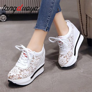 Sapatos Femininos 2023 Plataforma Branca Salto Alto da Malha Casual Respirável em Forma de Cunha
