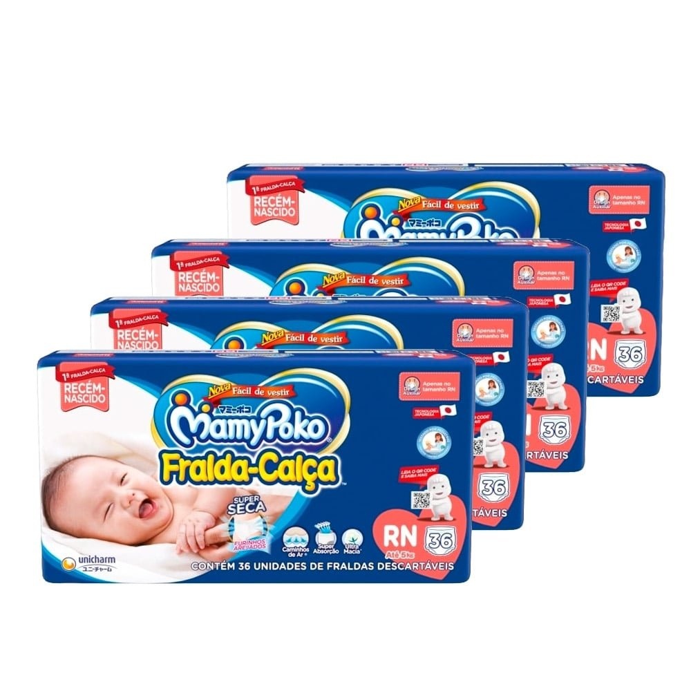 Fralda Descartável MamyPoko Calça Jumbo Tamanho RN - 4 Pacotes com 36 Fraldas - Total 144 Tiras em Oferta na Shopee