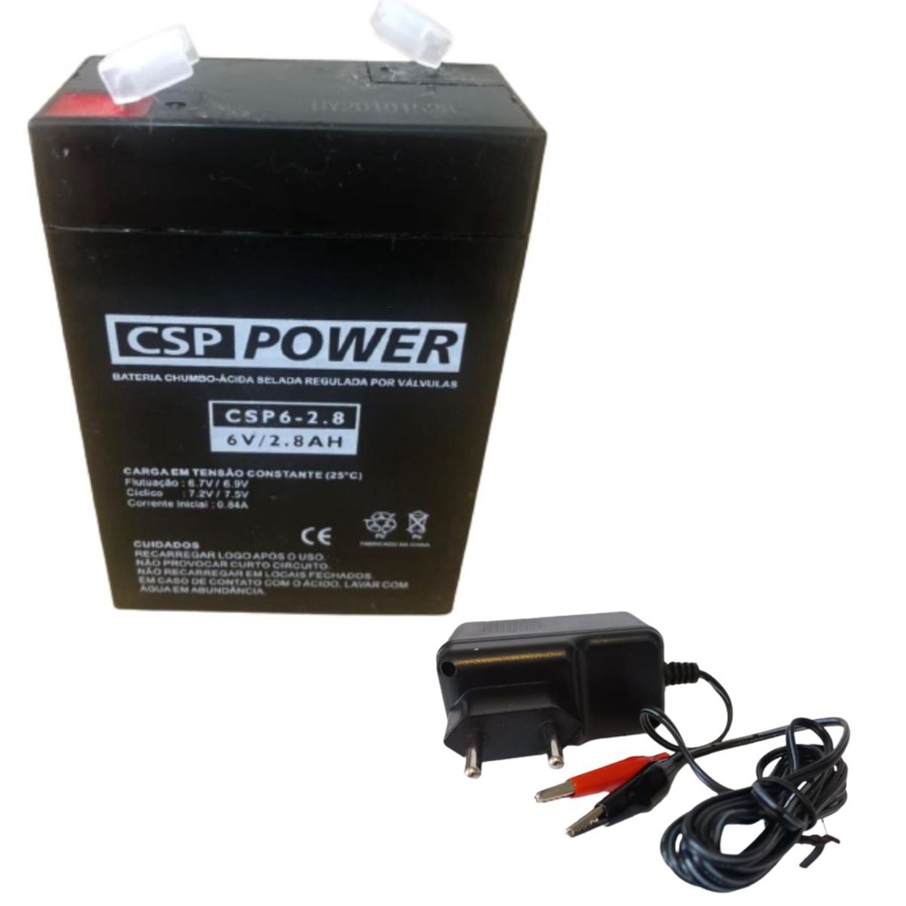 Kit Bateria 6V 2,8ah + Carregador 6V 800MA - Garra Jacaré
