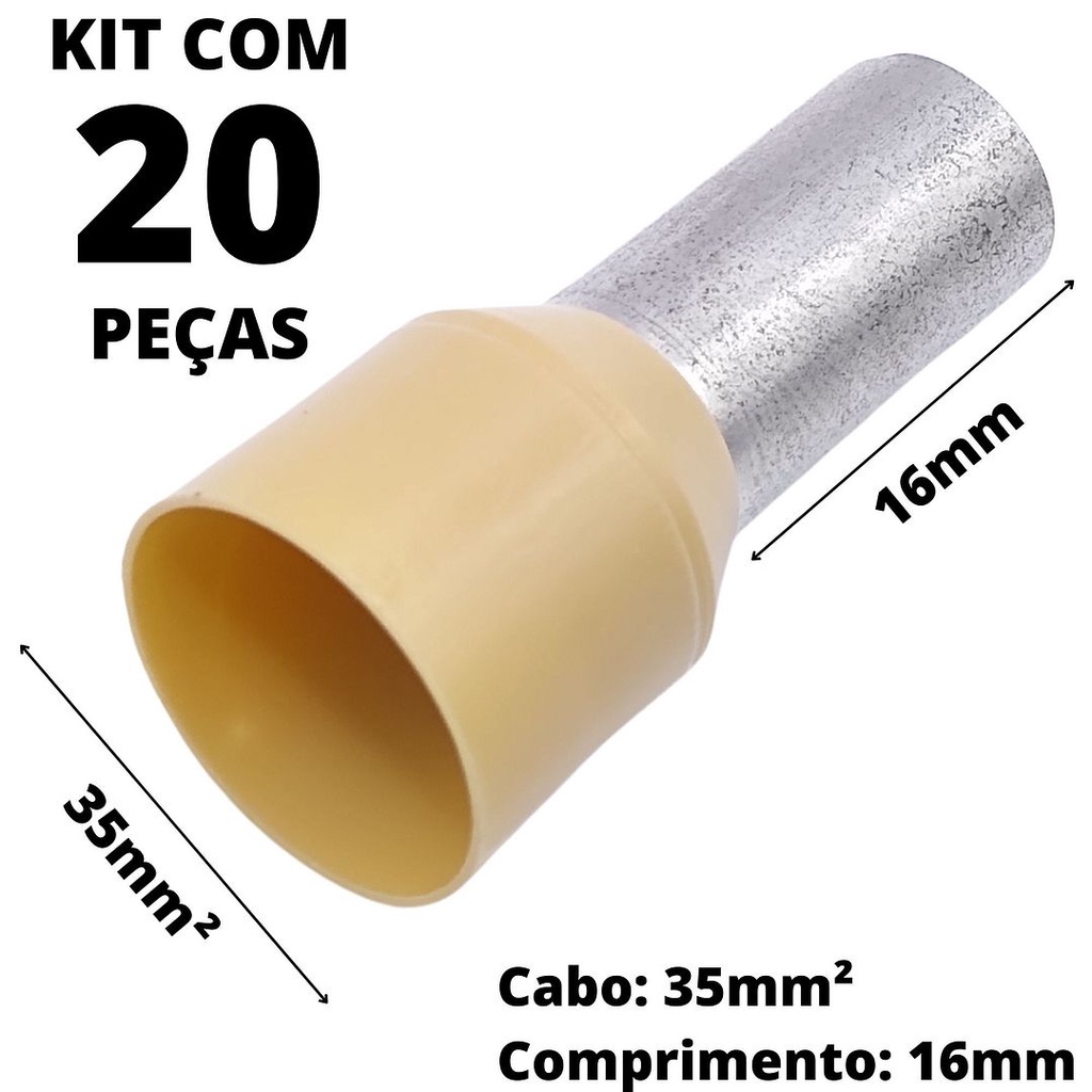 20un Terminal Tubular Ilhós Pré-isolado Simples Para Cabo de 35mm² Metal 16mm Bege E35-16
