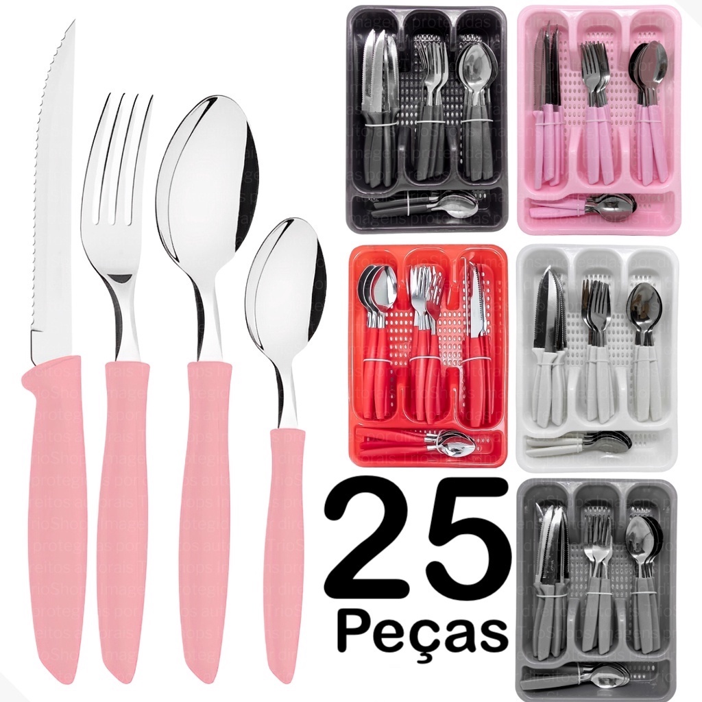 Jogo De Talheres Inox Colheres Facas 25 Peças Faqueiro Organizador Garfos Sobremesa Sopa Porta Suporte Gaveiteiro
