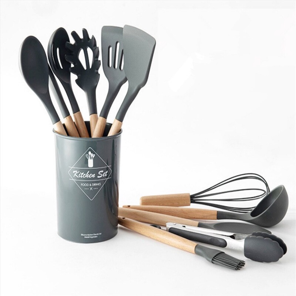 Kit C/12 Utensilios De Cozinha Silicone Cabo Madeira em Oferta na Shopee