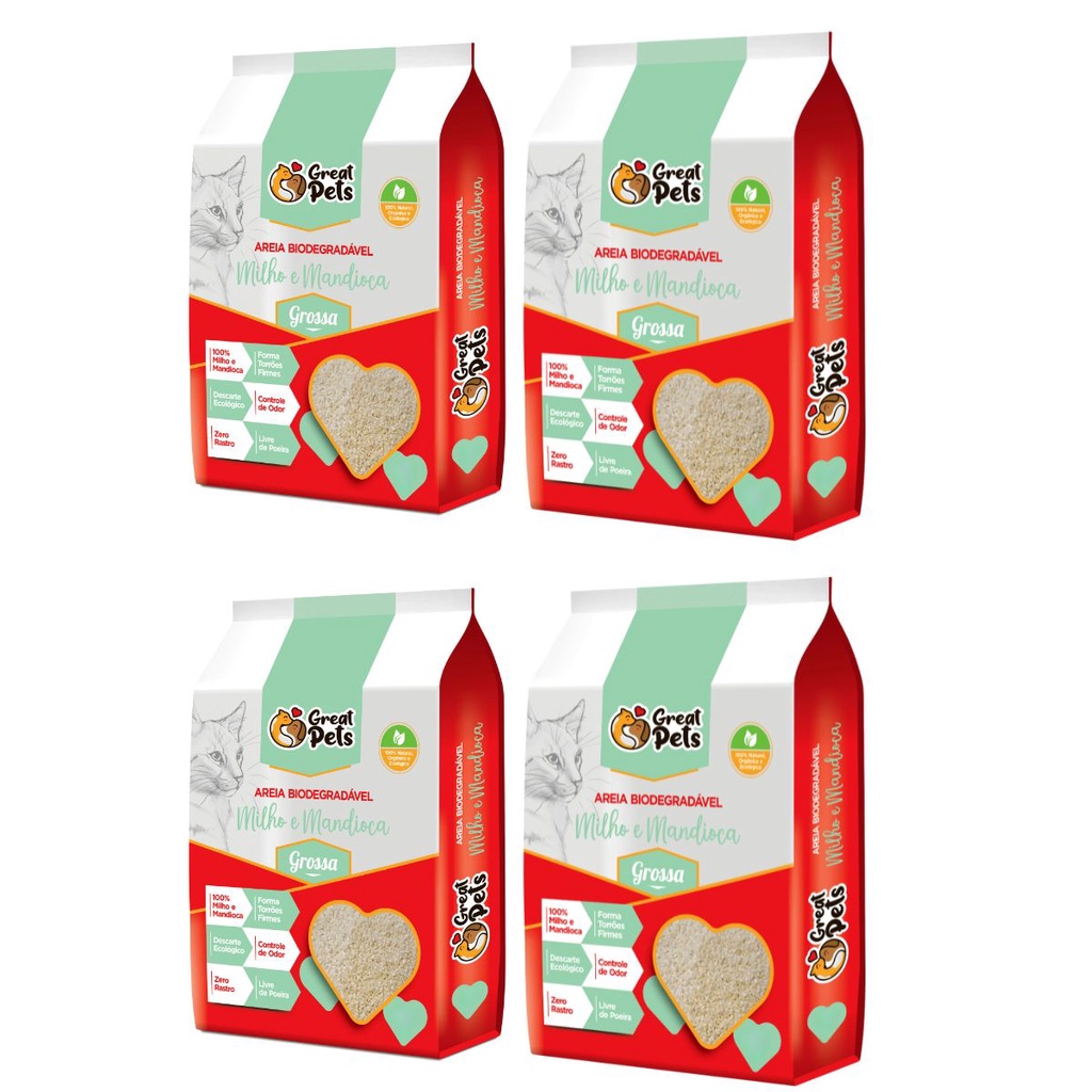 Kit 4 Areia Higiênica Biodegradável Para Gatos Great Pets Grossa 2kg