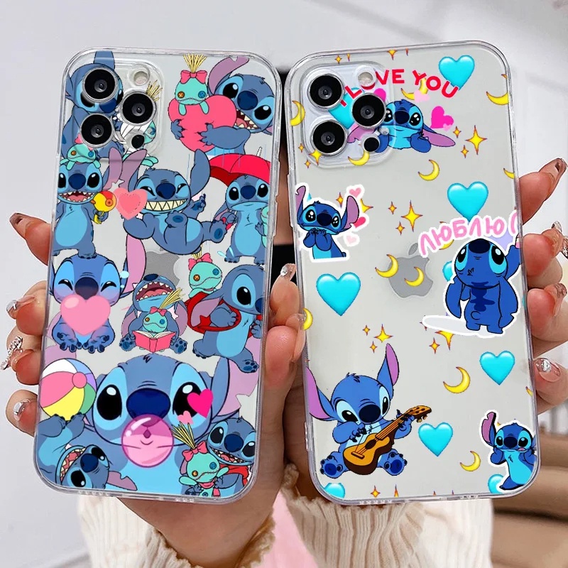 Capa De Telefone Transparente Disney Ponto Lilo & Stitch Anime Iphone 15 14 13 12 PRO Mini 11 Max Xs XR 6 7 8 Plus Macia À Prova De Choque Para Câmera TPU