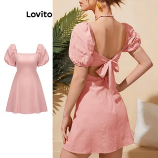 Lovito Casual Vestido Feminino Liso Drapeado com Manga Bufante L70AD105 (Rosa)