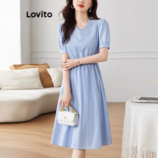 Lovito Vestido Casual Feminino Com Babados E Decote Redondo LNE37110 (Azul)