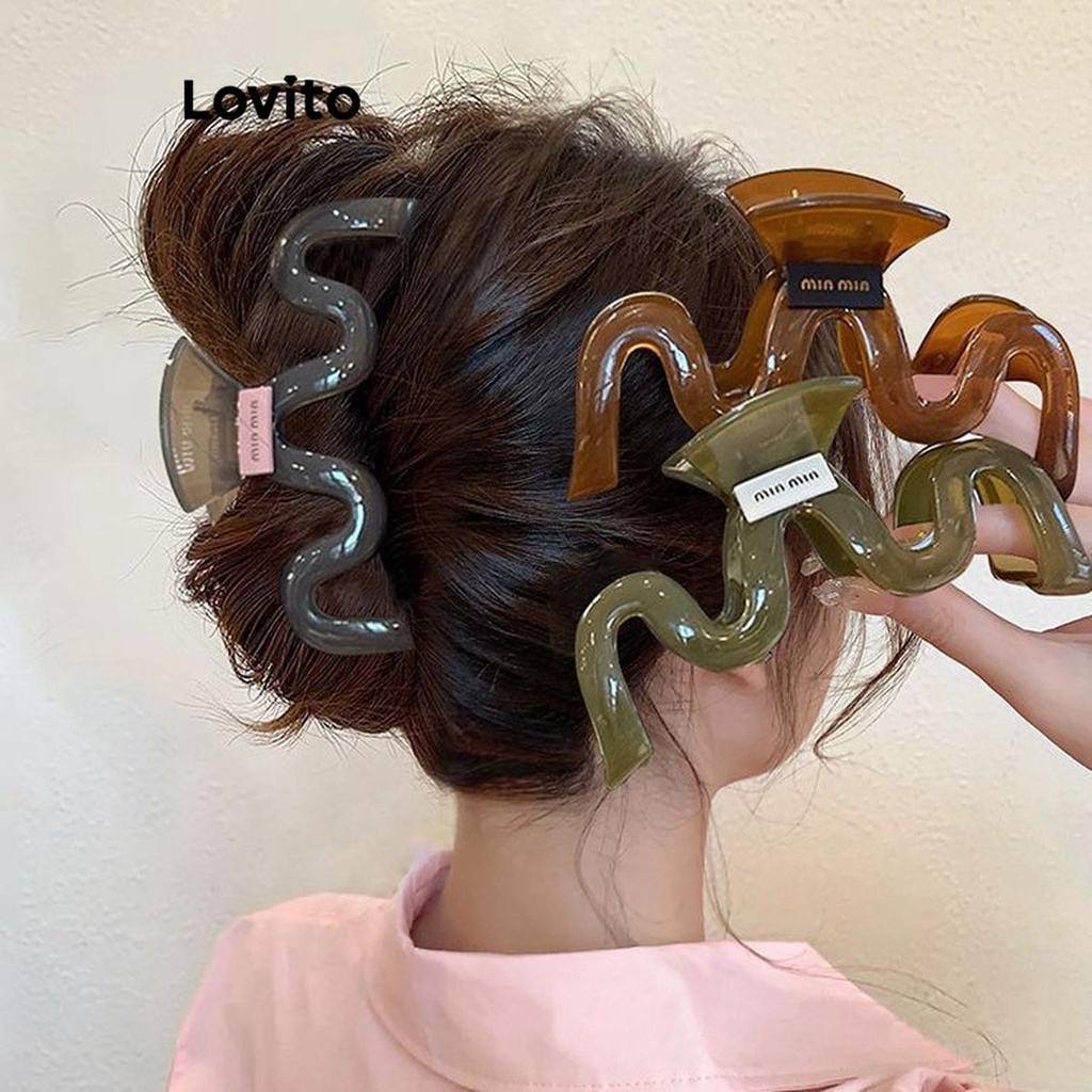 Lovito Grampos De Cabelo Geométricos Com Letras Casuais Para Mulheres LFA07238 (Café/Azeitona/Cinza/Branco Off)