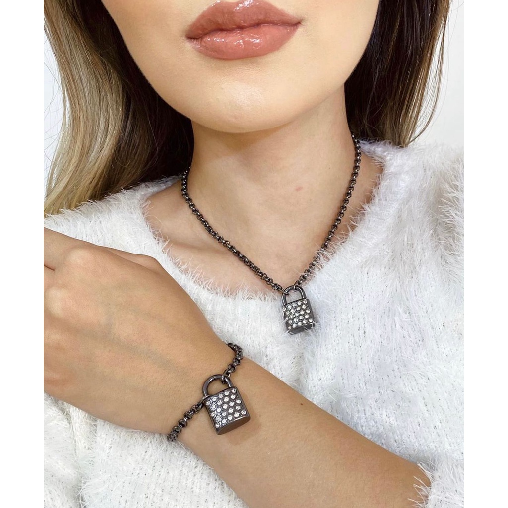 Conjuntos colar e pulseira cadeado com zircônia a Ouro Prata Ródio Negro Semi Joia Verniz Italiano