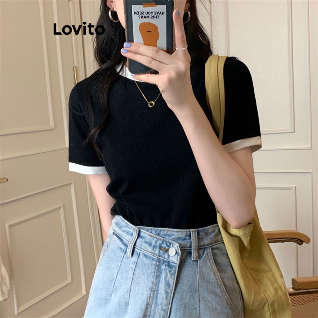 Lovito Camiseta Simples com Detalhes de Amarração e Blocos de Cores para Mulheres LNE17059 (Preta)