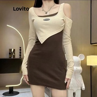 Lovito Casual Vestido Feminino Liso Justo de Manga Comprida com Gola Quadrada e Moedas LNE02109 (Café)
