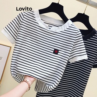 Lovito Camiseta Casual Listrada Com Gola Contrastante Para Mulheres LNE39558 (Branco Preto)